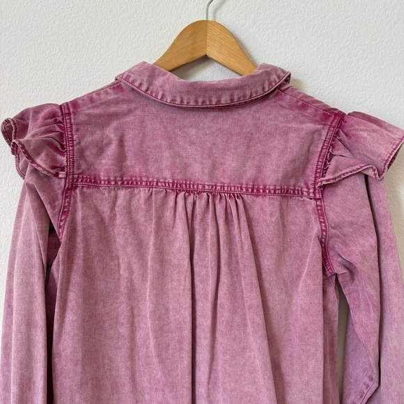 Free People Samantha Pink Acid Wash Ruffle Denim Button Down Top XS - Picture 6 of 11
